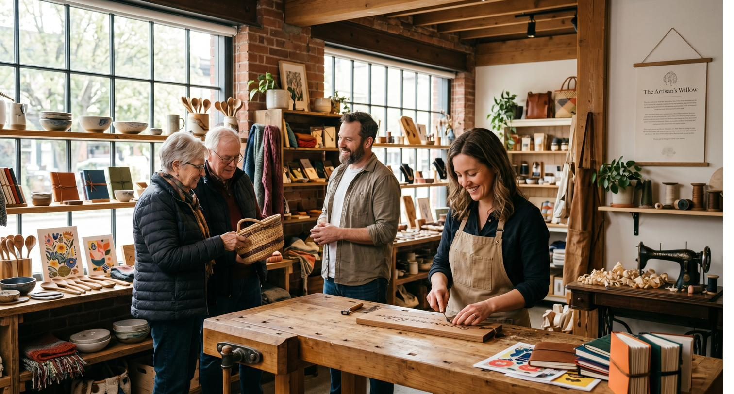 A craftsperson showing a handmade piece to a couple in the workshop's retail space