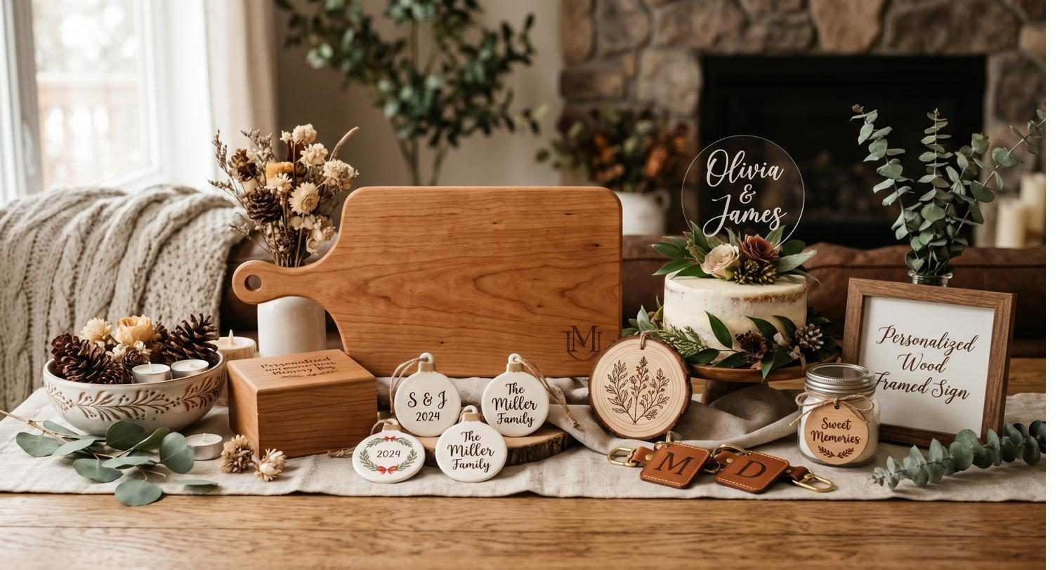 A finished collection of personalized wood and acrylic pieces staged on a table