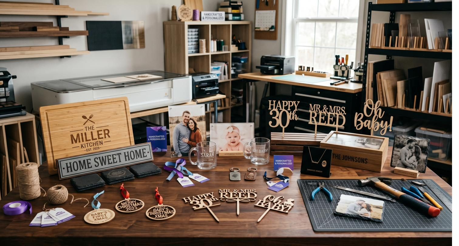 Inside the Makes & Crafts workshop, shelves of wood and acrylic stock alongside finished personalized pieces