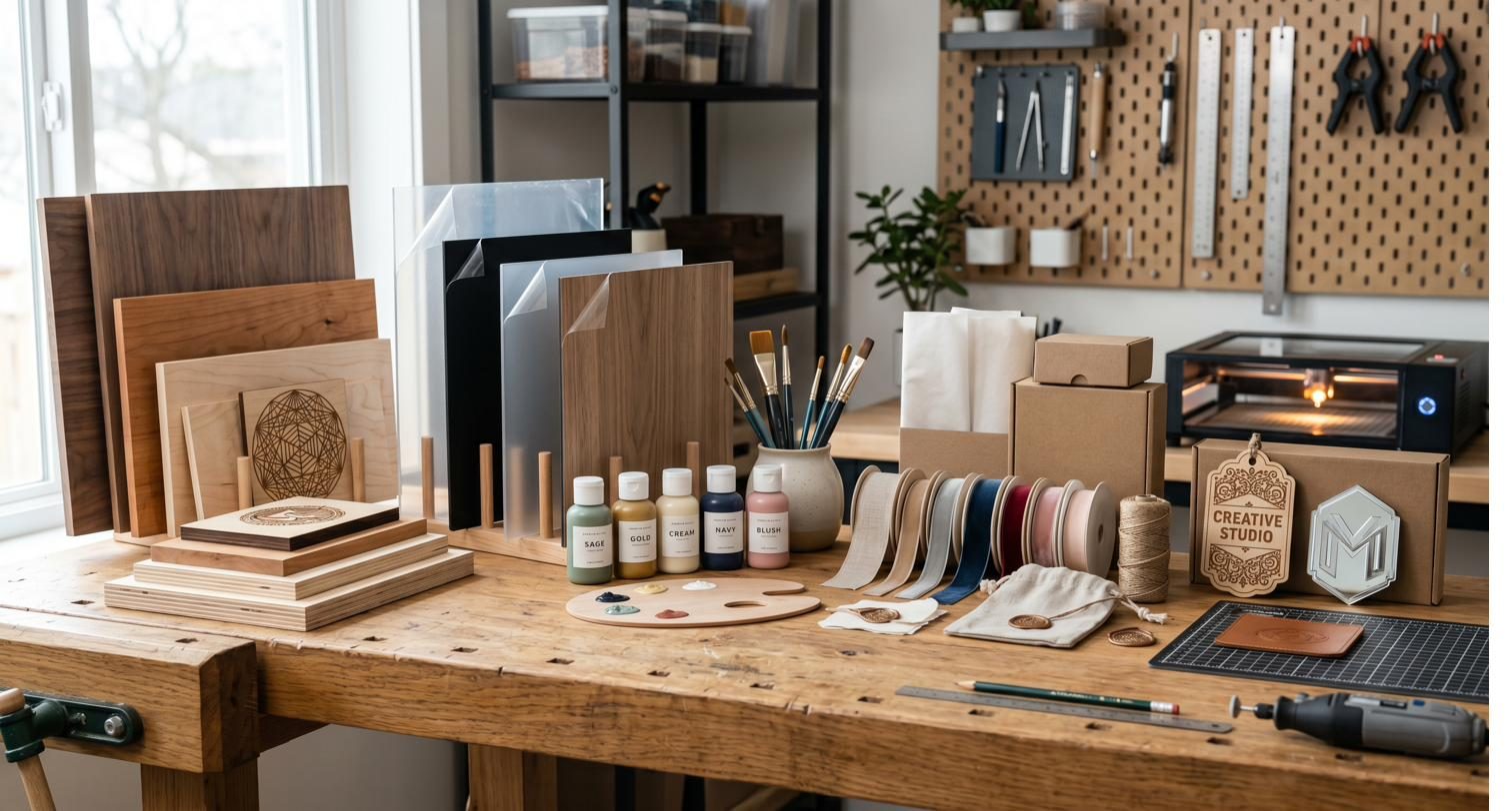 Wood, acrylic, and paint supplies laid out on the workshop bench