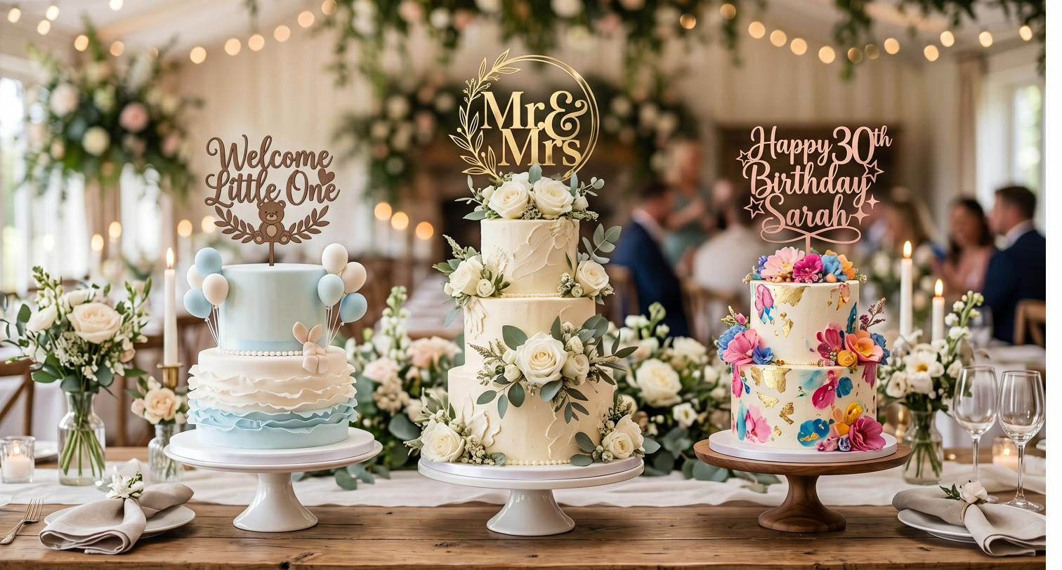 Three custom cakes with laser-cut acrylic toppers for a baby shower, wedding, and birthday