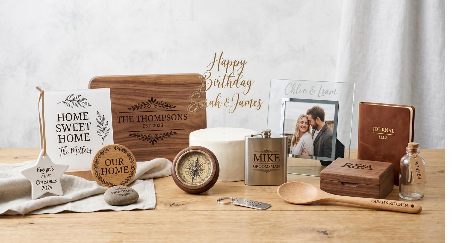 A collection of personalized gifts including an engraved compass, keepsake box, photo frame, and journal