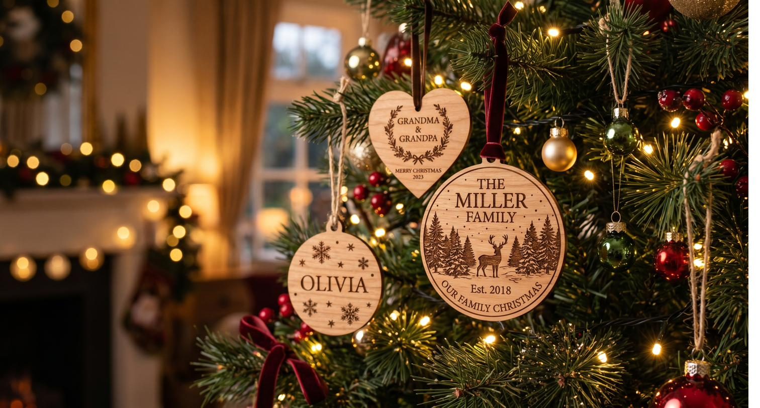 Engraved wooden ornaments hanging on a Christmas tree, personalized with names and family details