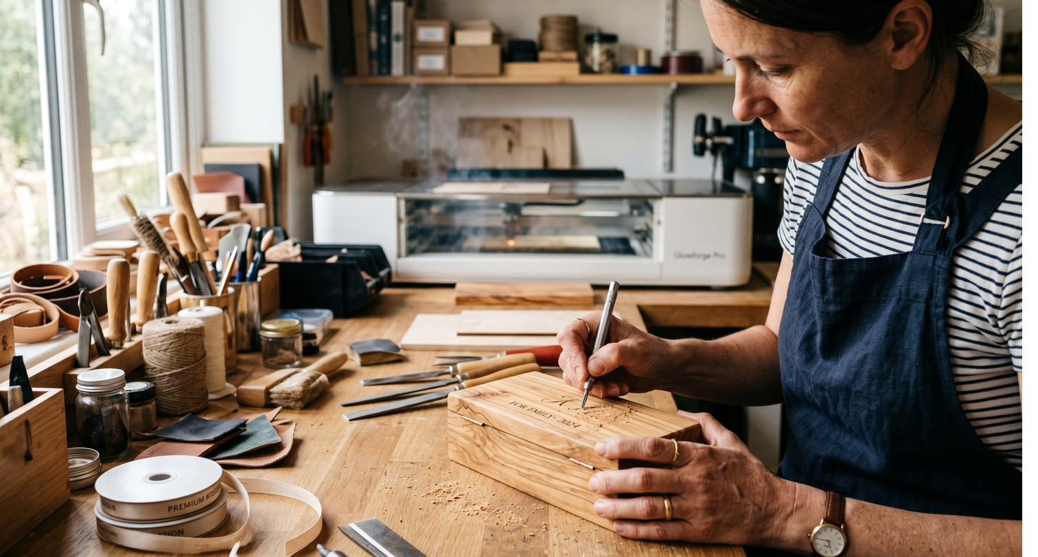 Close-up of a hand engraving a personalized message into a wooden keepsake box